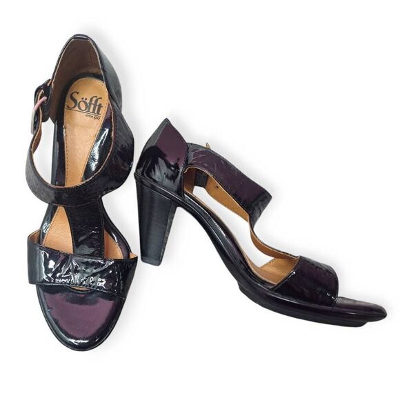 Sofft Women's Patent Leather T-Strap Buckle Wedge Heel Sandals size 6.5 M Black - Picture 1 of 8